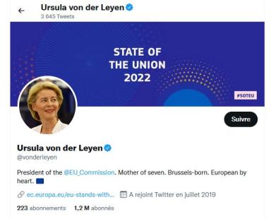 compte twitter d'Ursula von der Leyen